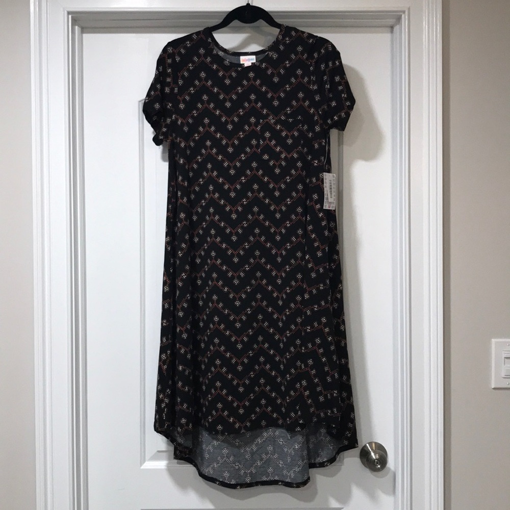 LuLaRoe Carly Dress Black w/Brown and White Print